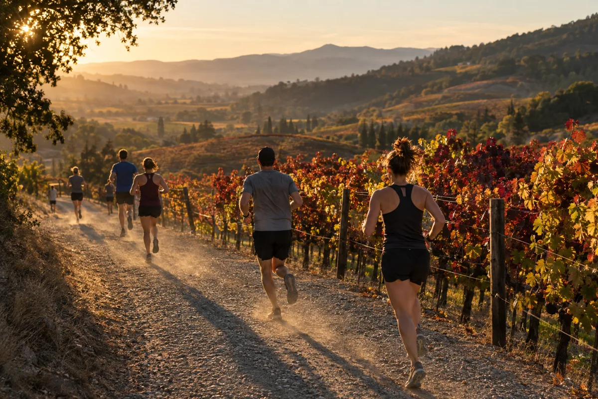 Runners on a gravel path beside a hillside vineyard